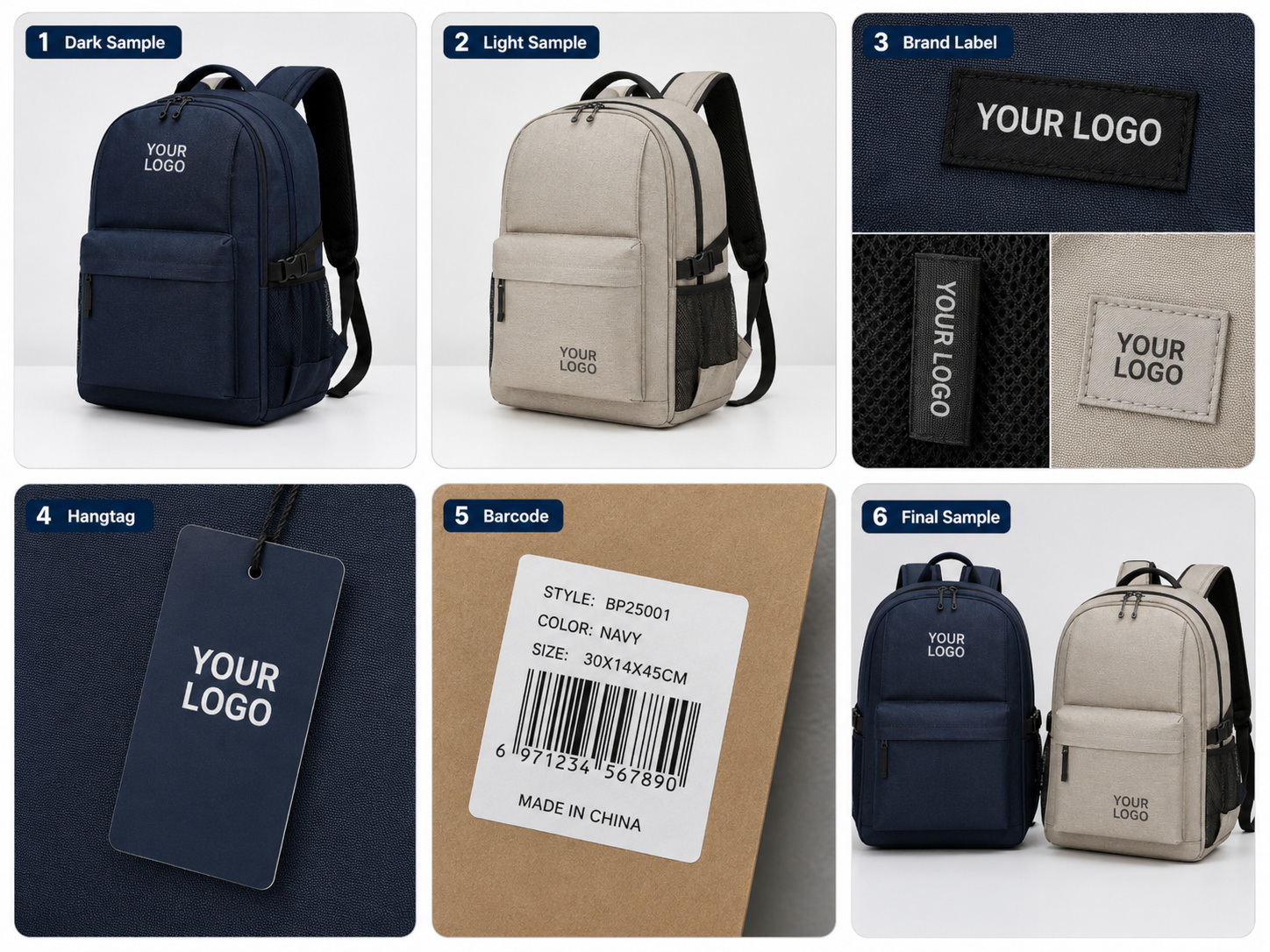 Backpack branding details with logo placement, labels, hangtags, barcode and final samples.