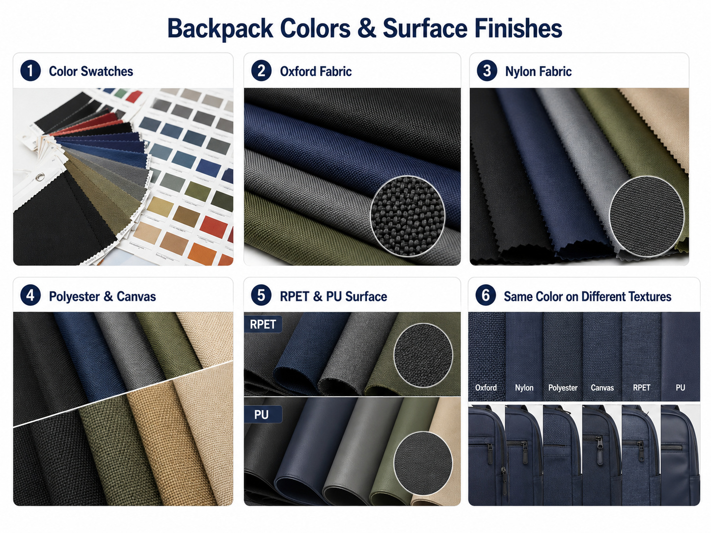 Backpack color swatches and surface finishes across different fabric materials.