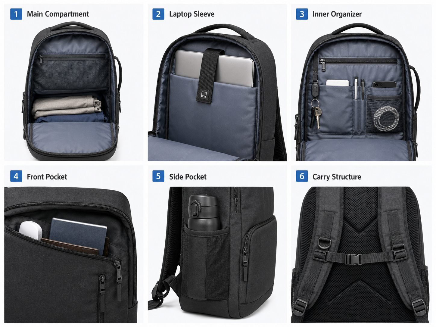 Backpack compartments, laptop sleeve, pockets and carry structure details.