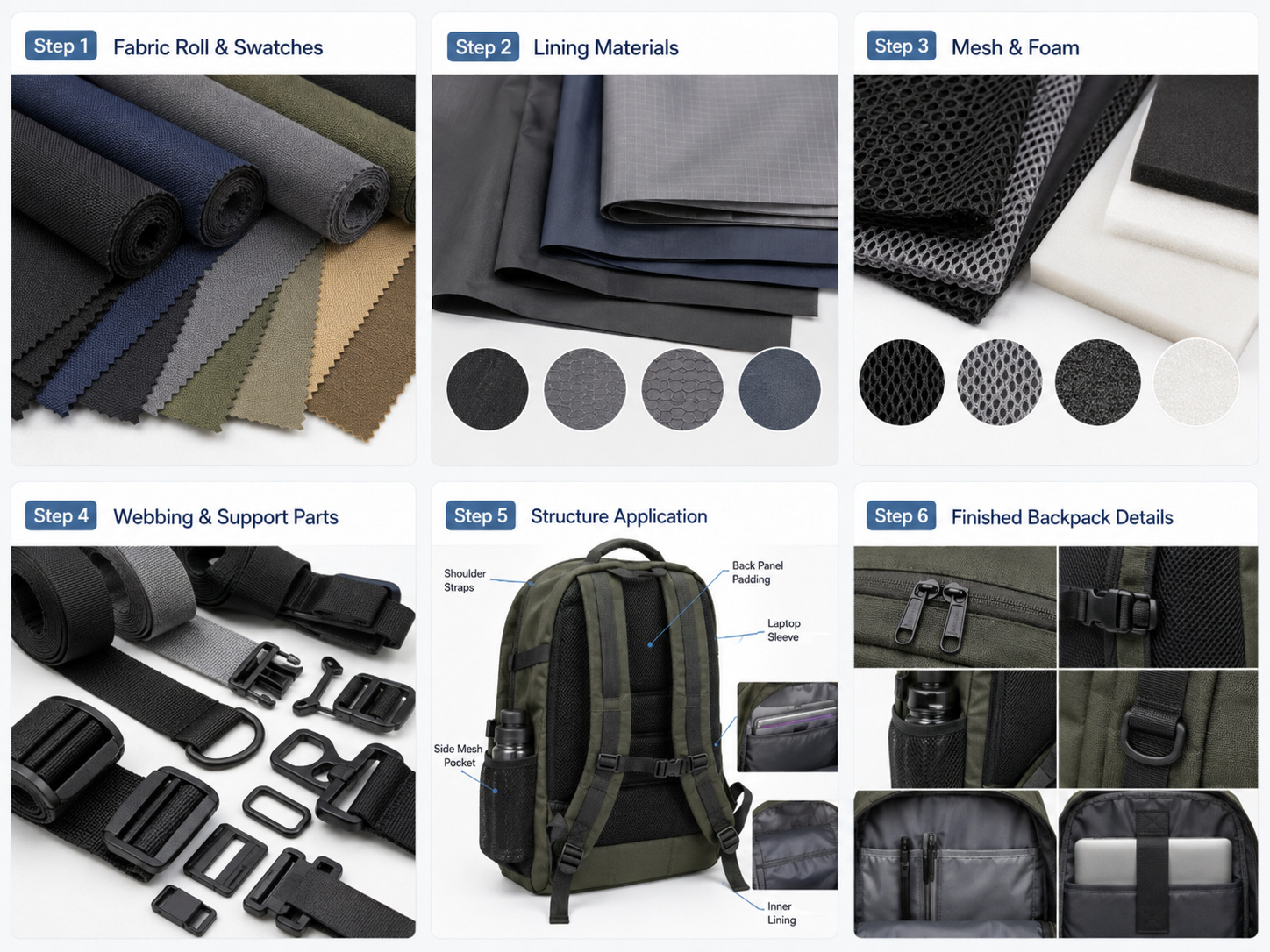 Backpack fabric, lining, mesh, foam and webbing structure applications.