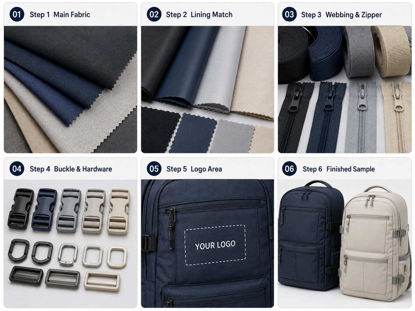 Backpack fabric, lining, zipper, webbing, buckle and logo color matching process.