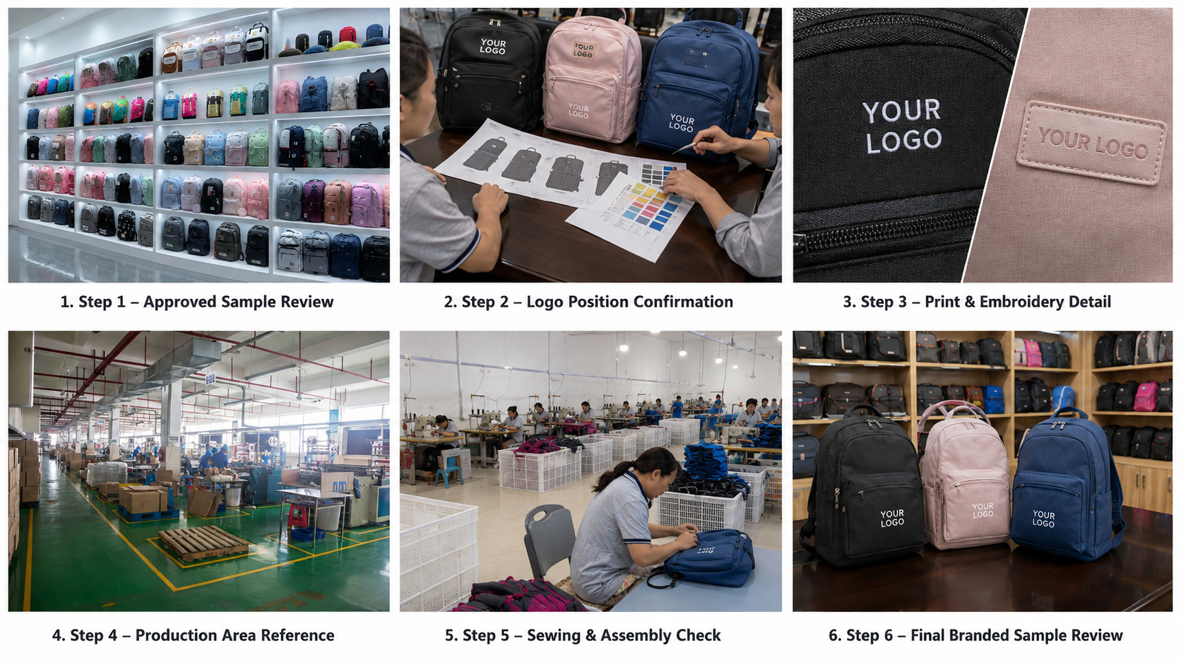 Backpack logo printing and embroidery process with sample review, logo confirmation, stitching and final branded sample.
