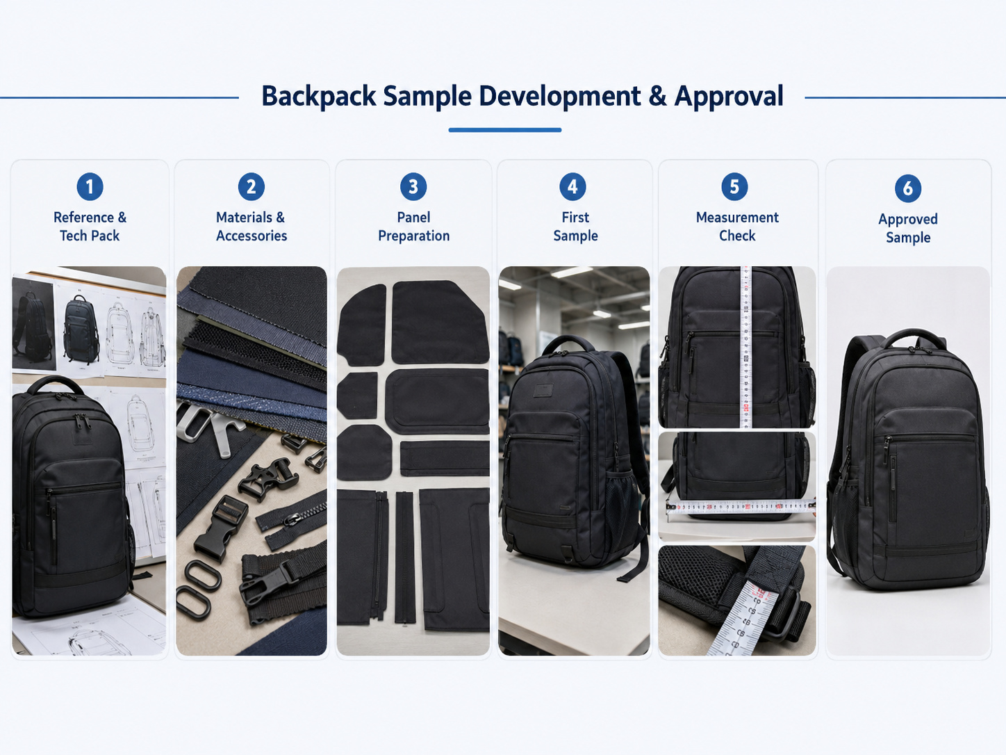 Backpack sample development and approval process from tech pack to final sample.