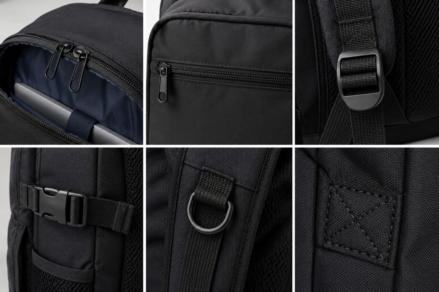 Backpack zipper, buckle, D-ring and reinforced stitching detail applications.
