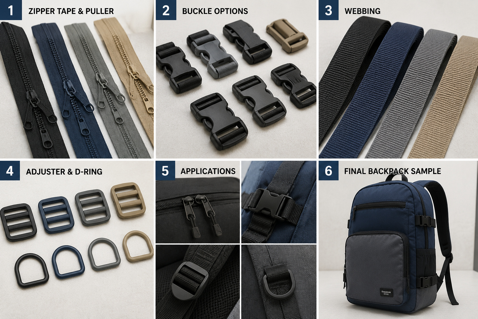 Custom backpack zipper, buckle, webbing and accessory details.